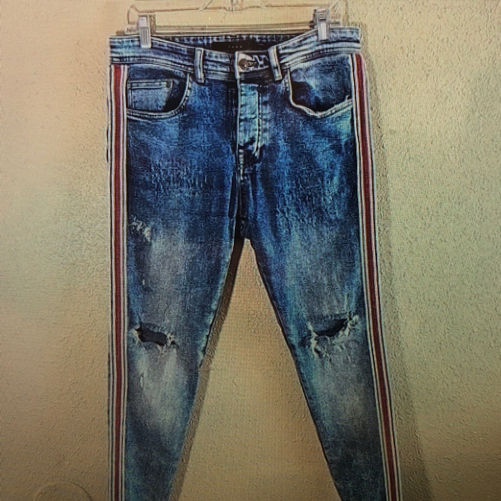 Stylish Blue Distressed Jeans with Red Stripe - Picture 1 of 3